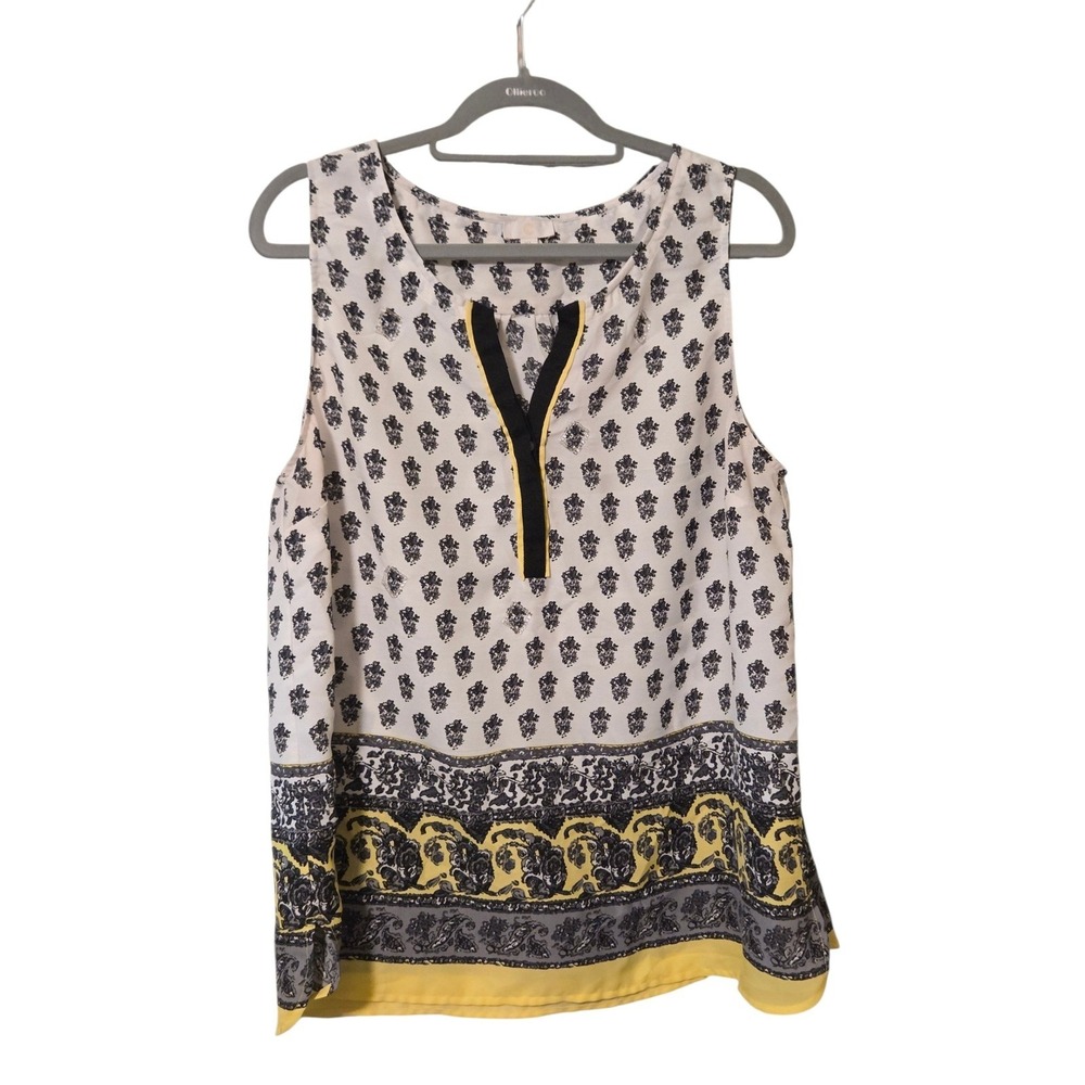 Charming Charlie Sleeveless A-Line Top Yellow Grey Medallion Print XL V-Neck